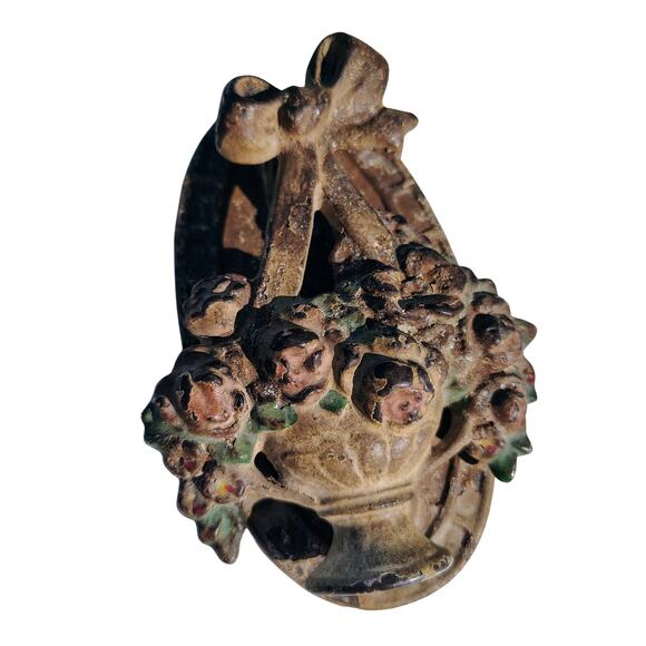 Antique 20s Hubley Cast Iron Flower Basket Ribbon Door Knocker Cream Gently Used - Picture 1 of 9